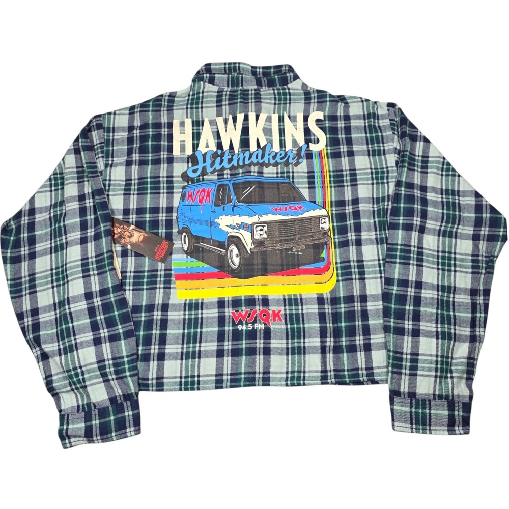 Stranger Things No Boundaries Cropped Flannel Shirt Hawkins Teal Plaid L 12-14